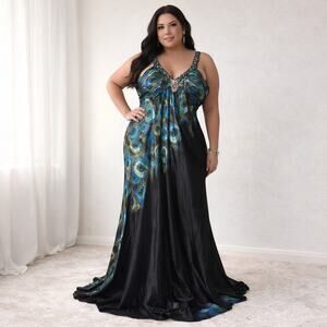 Karishma Blue Black Peacock Print Beaded Strap Gown Maxi Dress Sz 24